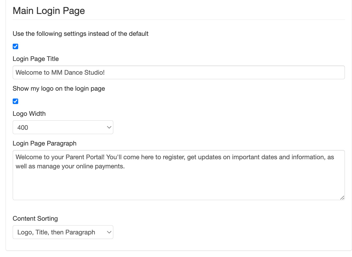 Login page settings for MM Dance Studio.