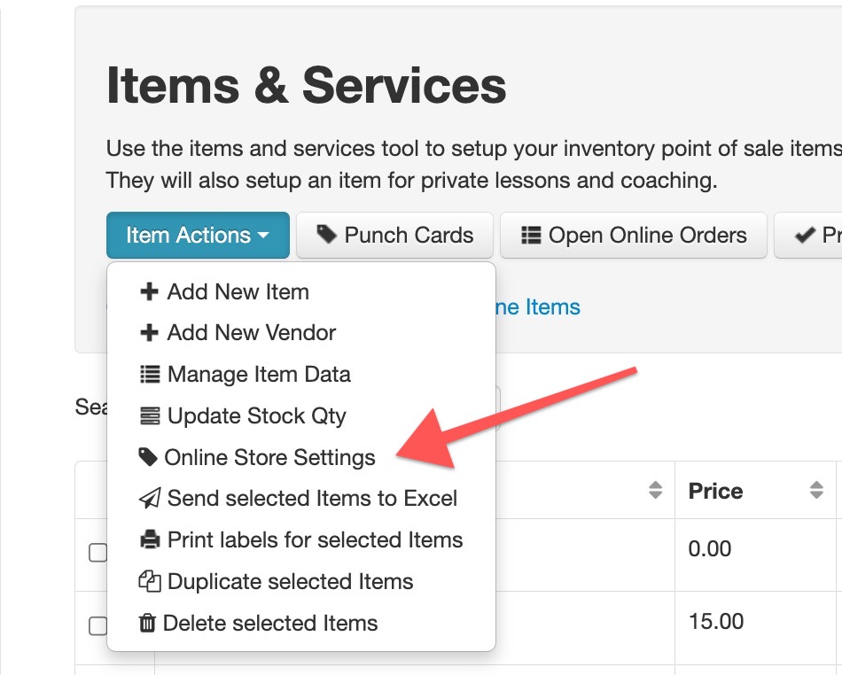 Dropdown menu under 'Item Actions' button.