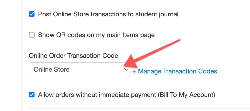 Settings menu with transaction code options.