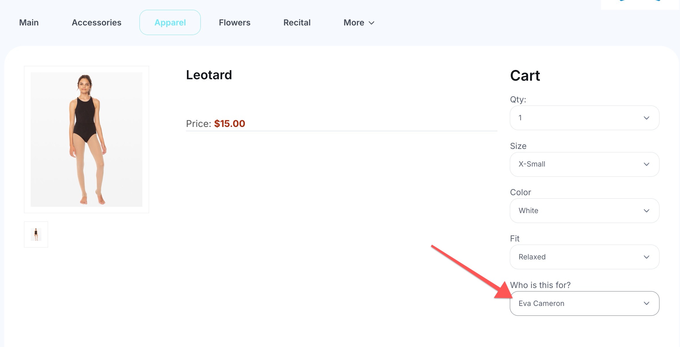 Leotard product page with cart options.