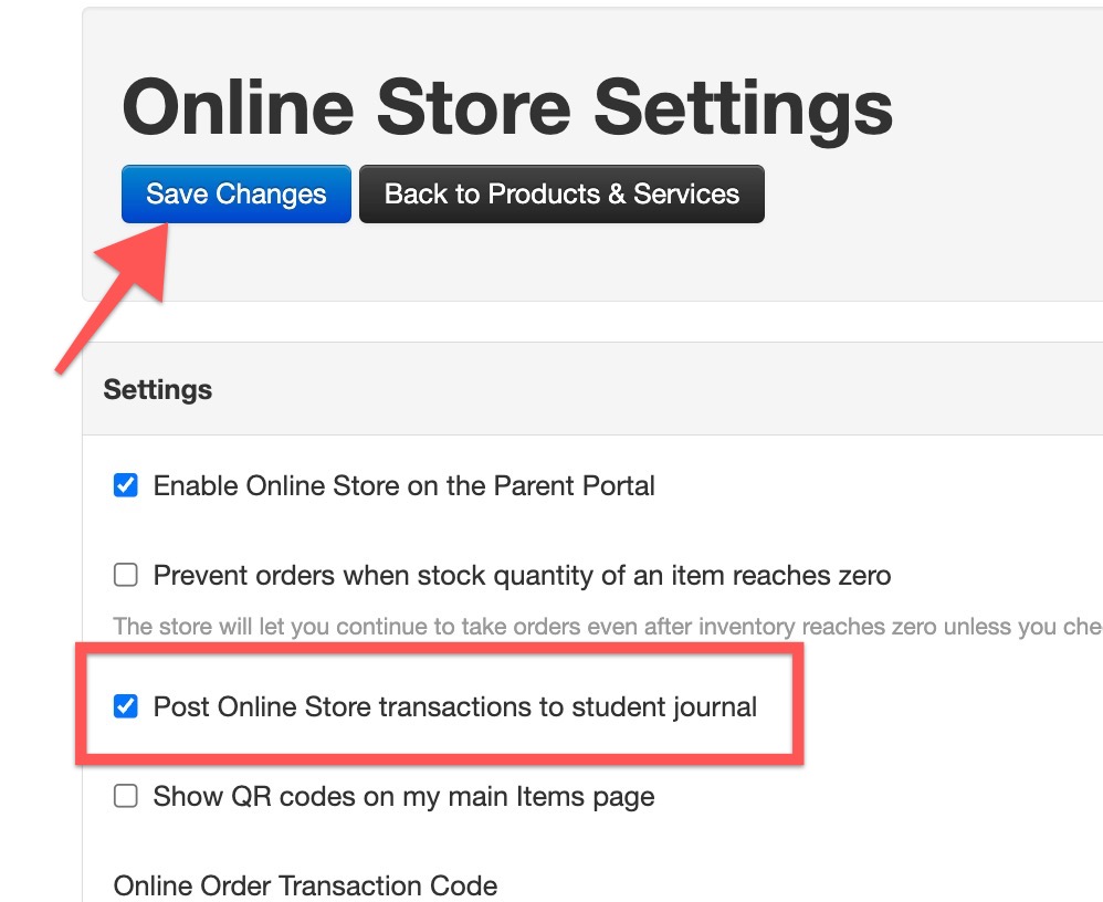 Online store settings with save button