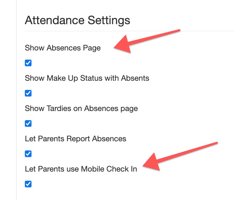 Attendance settings with checkboxes and arrows.