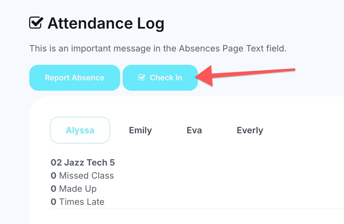 Attendance log with check-in button highlighted.