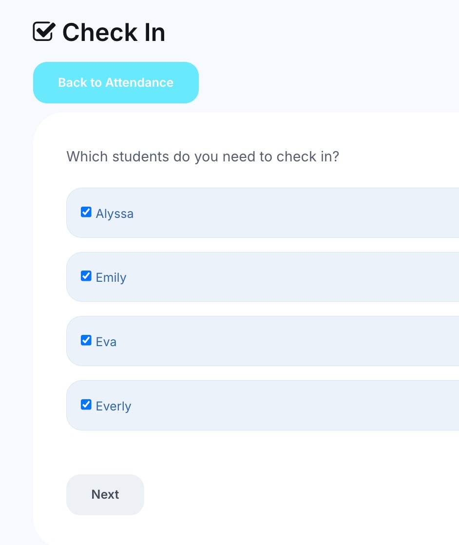 Student check-in list with names checked.