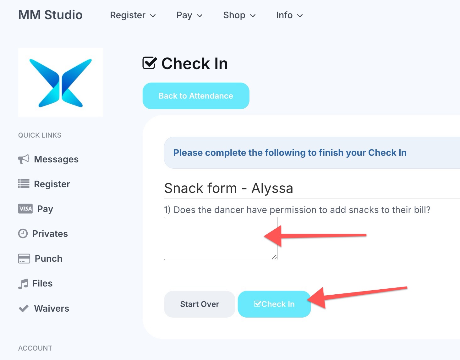 Snack form with check-in button highlighted.