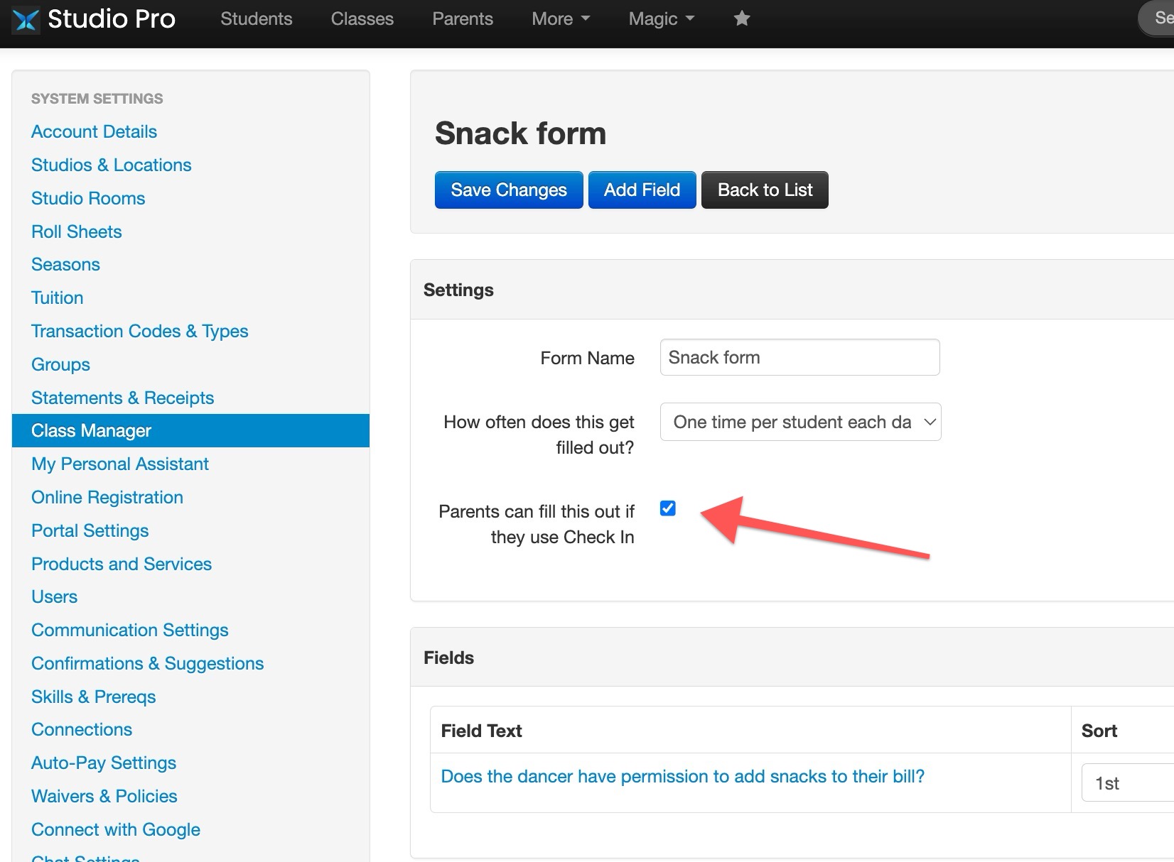 Snack form settings page with checkbox selected.