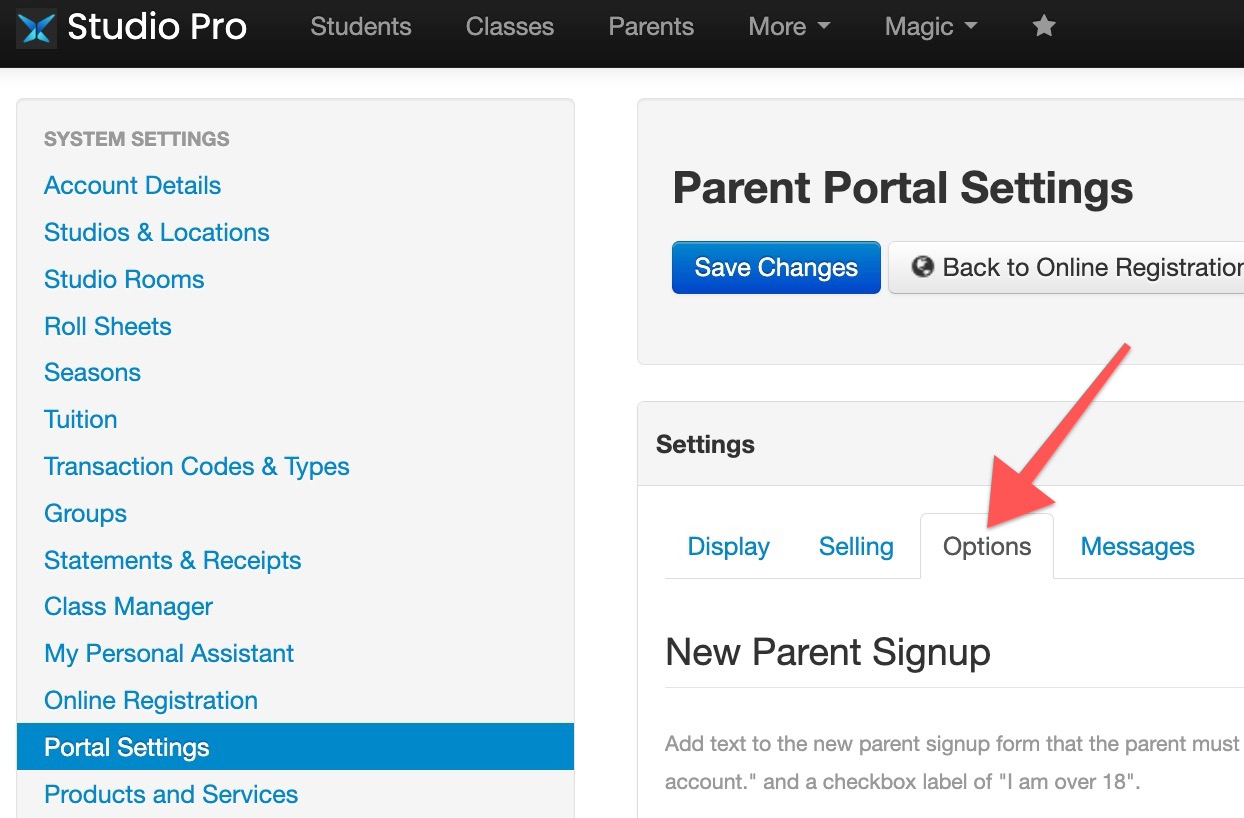 Parent Portal Settings interface screen.