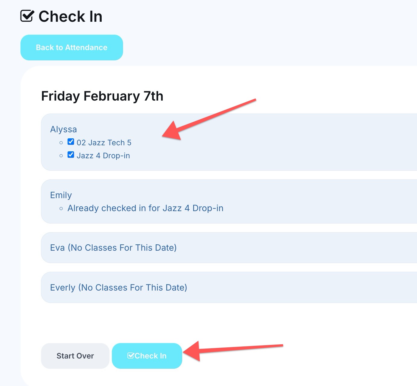 Check-in screen for dance classes.