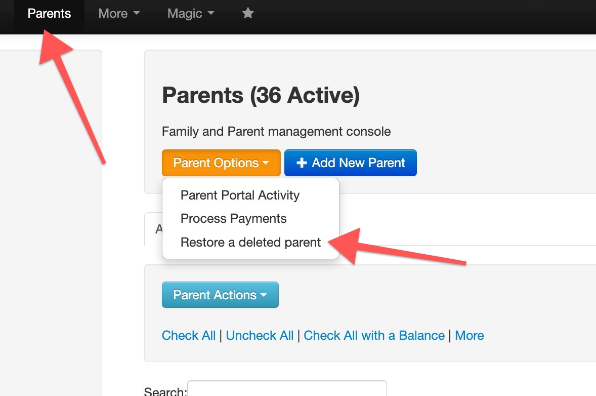 Parent management console options menu.