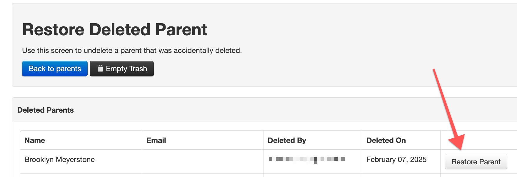 Restore Deleted Parent" screen interface.