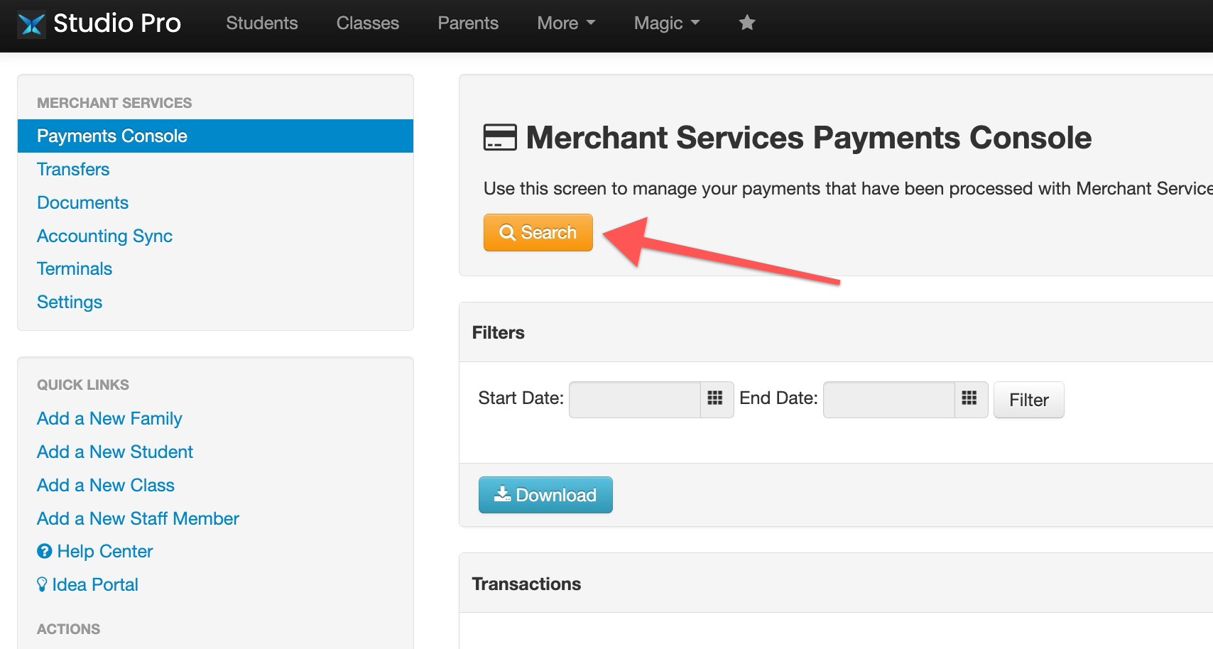 Merchant Services Payments Console interface