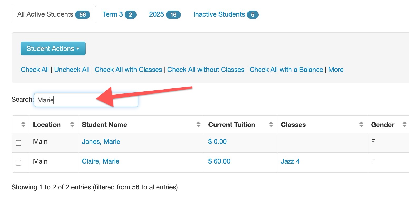 Search results for 'Marie' in student database.