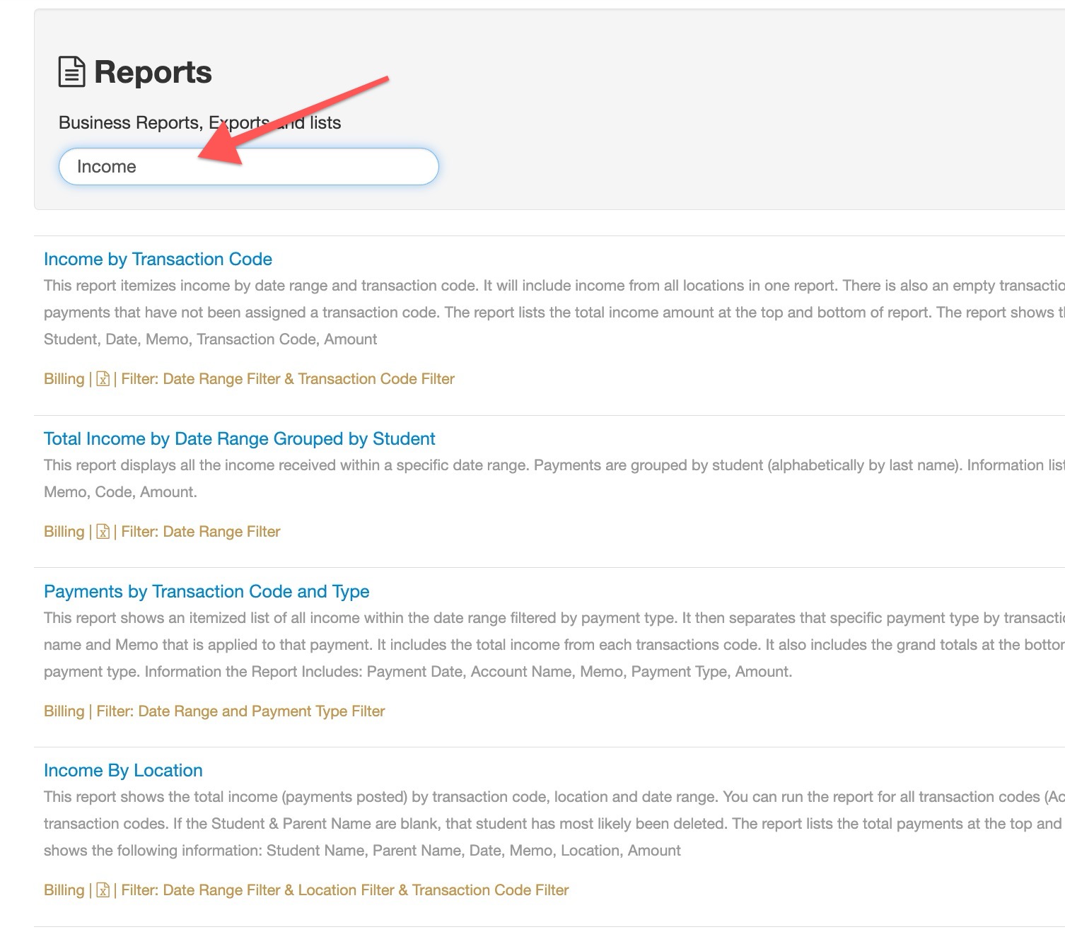 Income reports list with filters and descriptions.