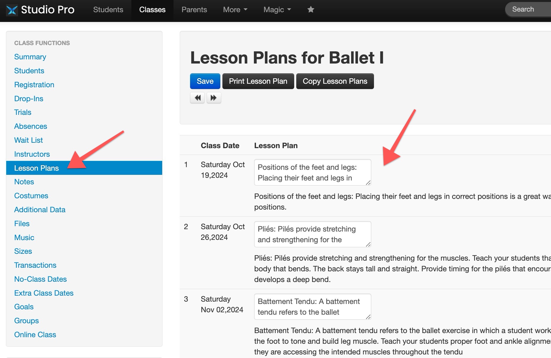 Lesson plans for Ballet I interface