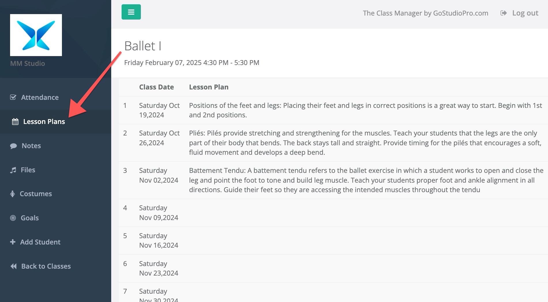 Ballet lesson plan schedule