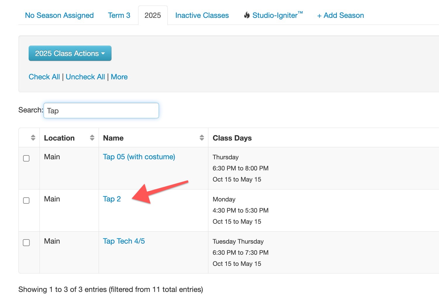 Class schedule with highlighted Tap 2 class.