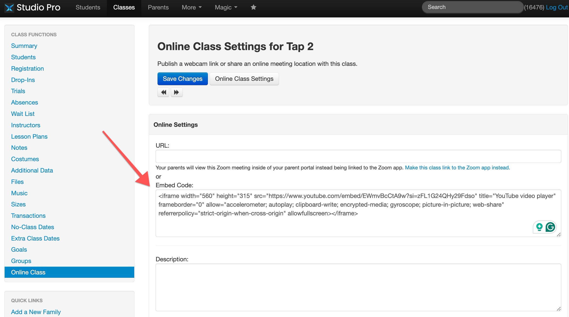 Online class settings page with embed code.