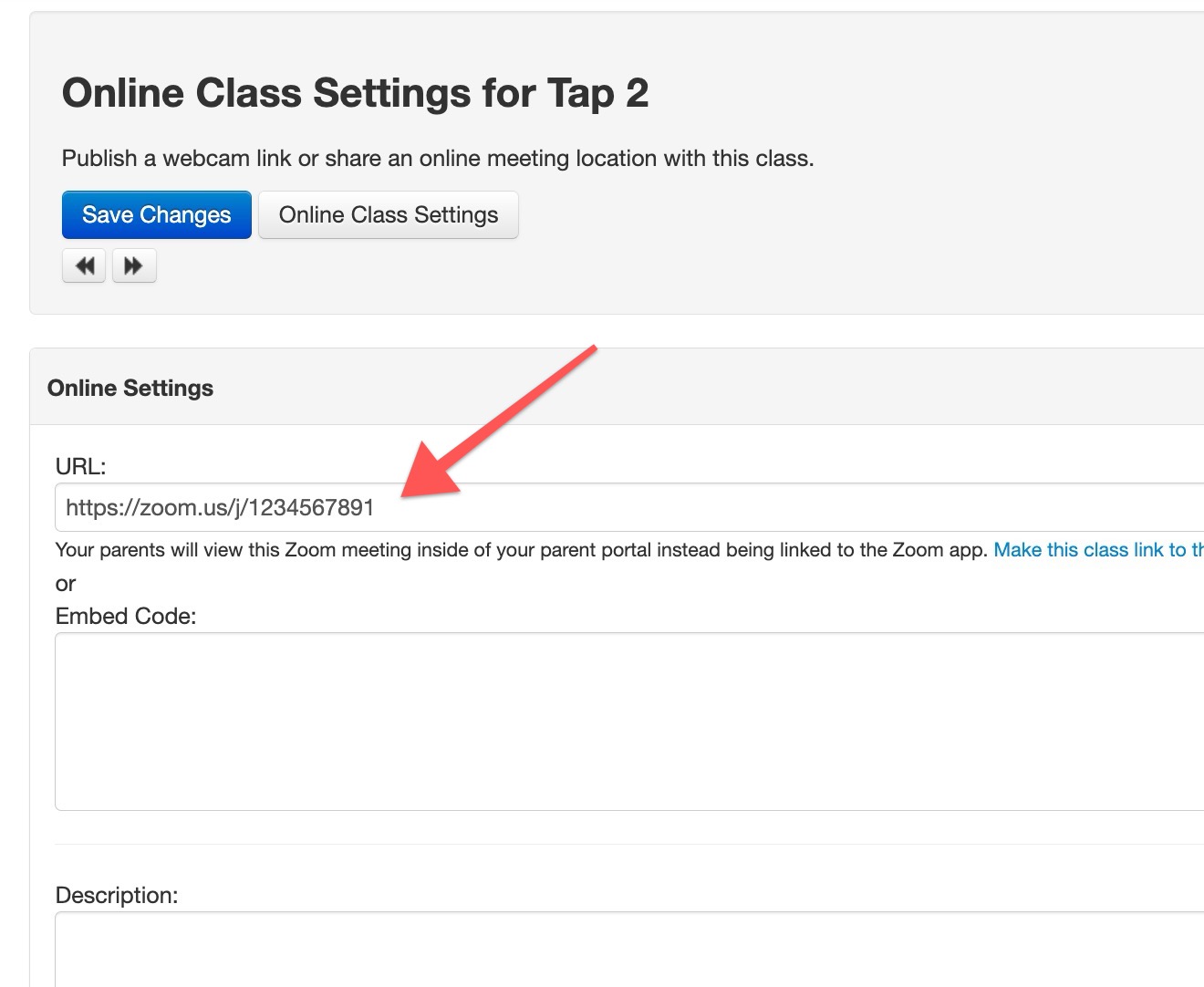 Online class settings with Zoom link.