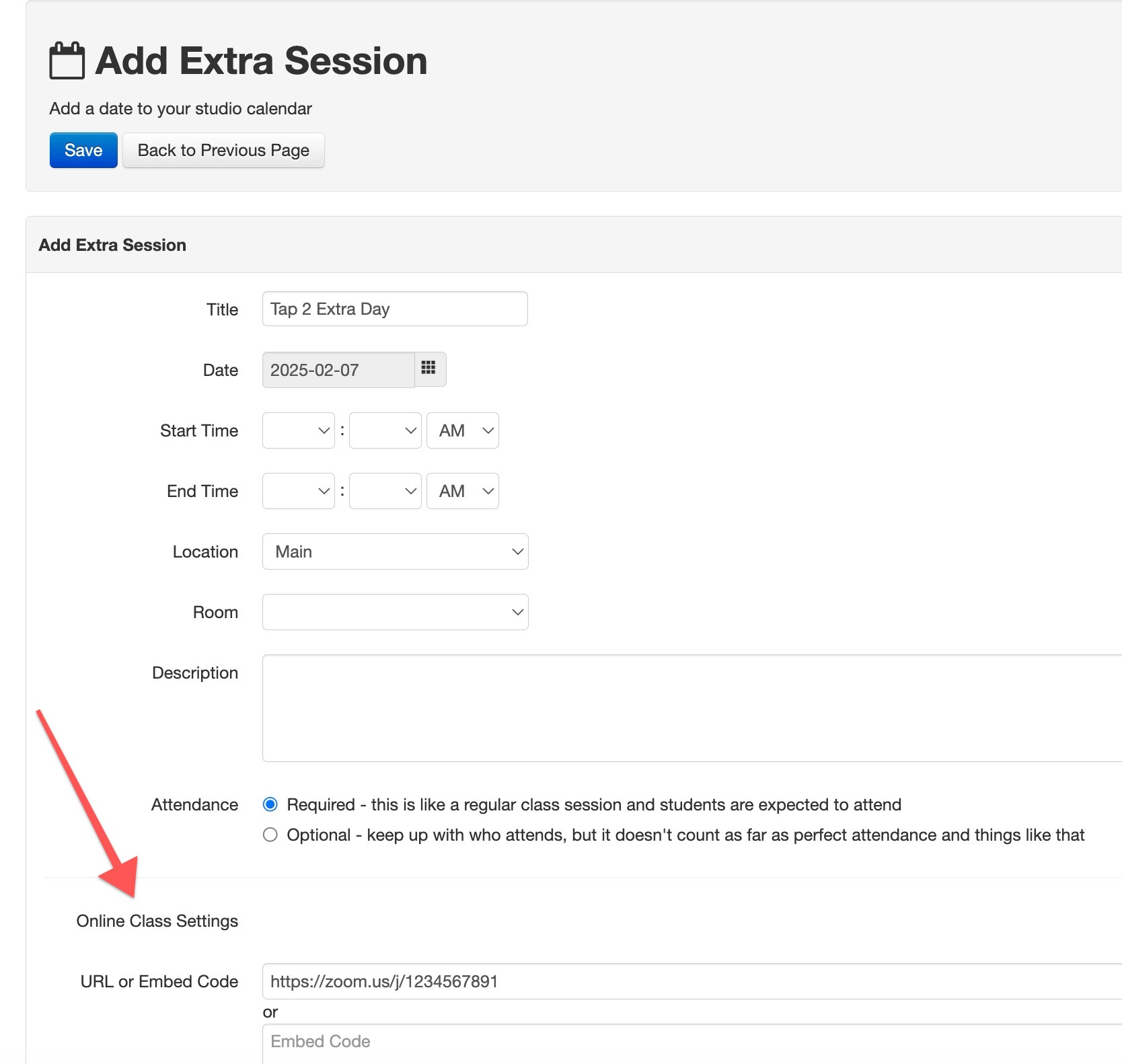 Add Extra Session" form interface.
