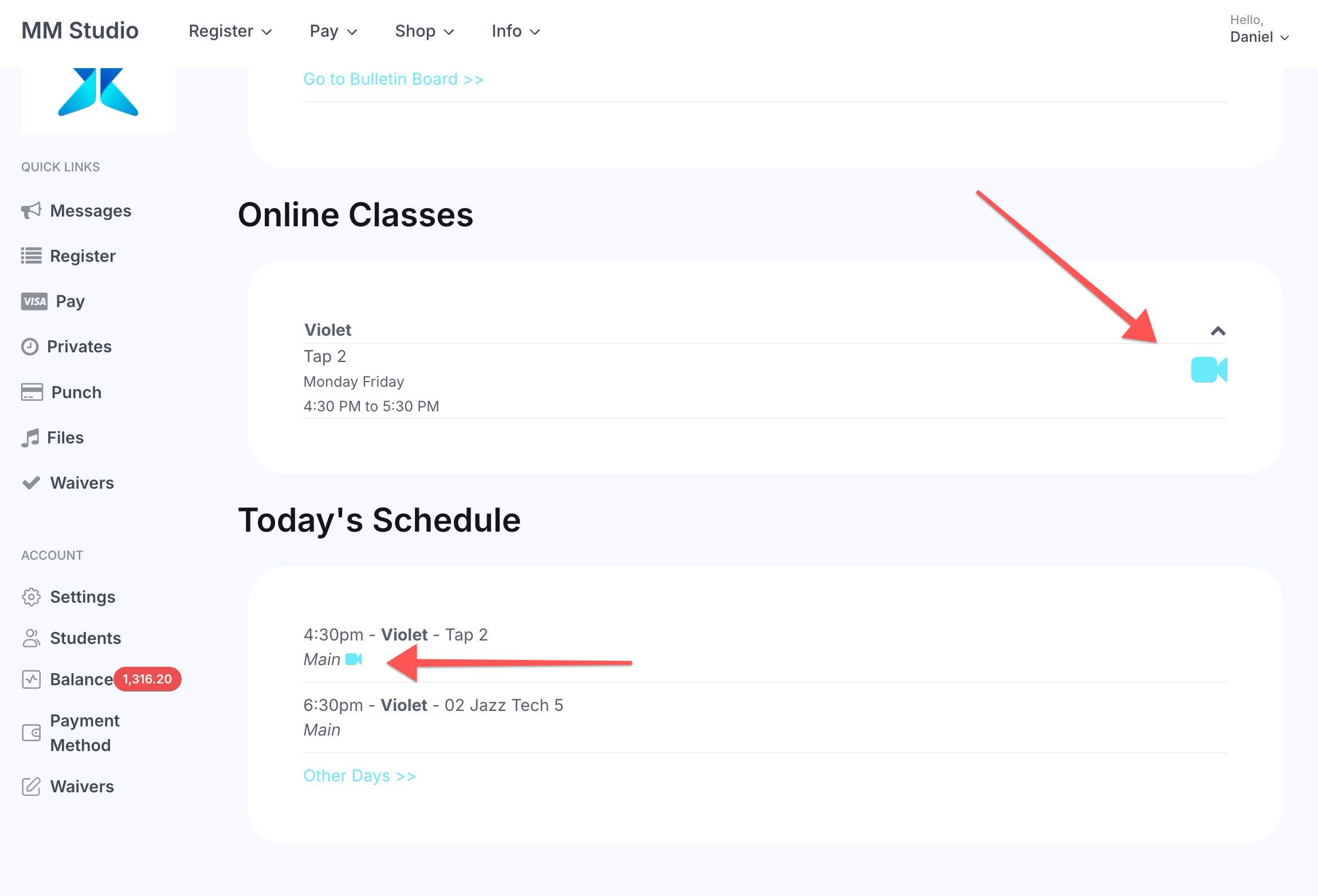 Online classes and today's schedule overview.