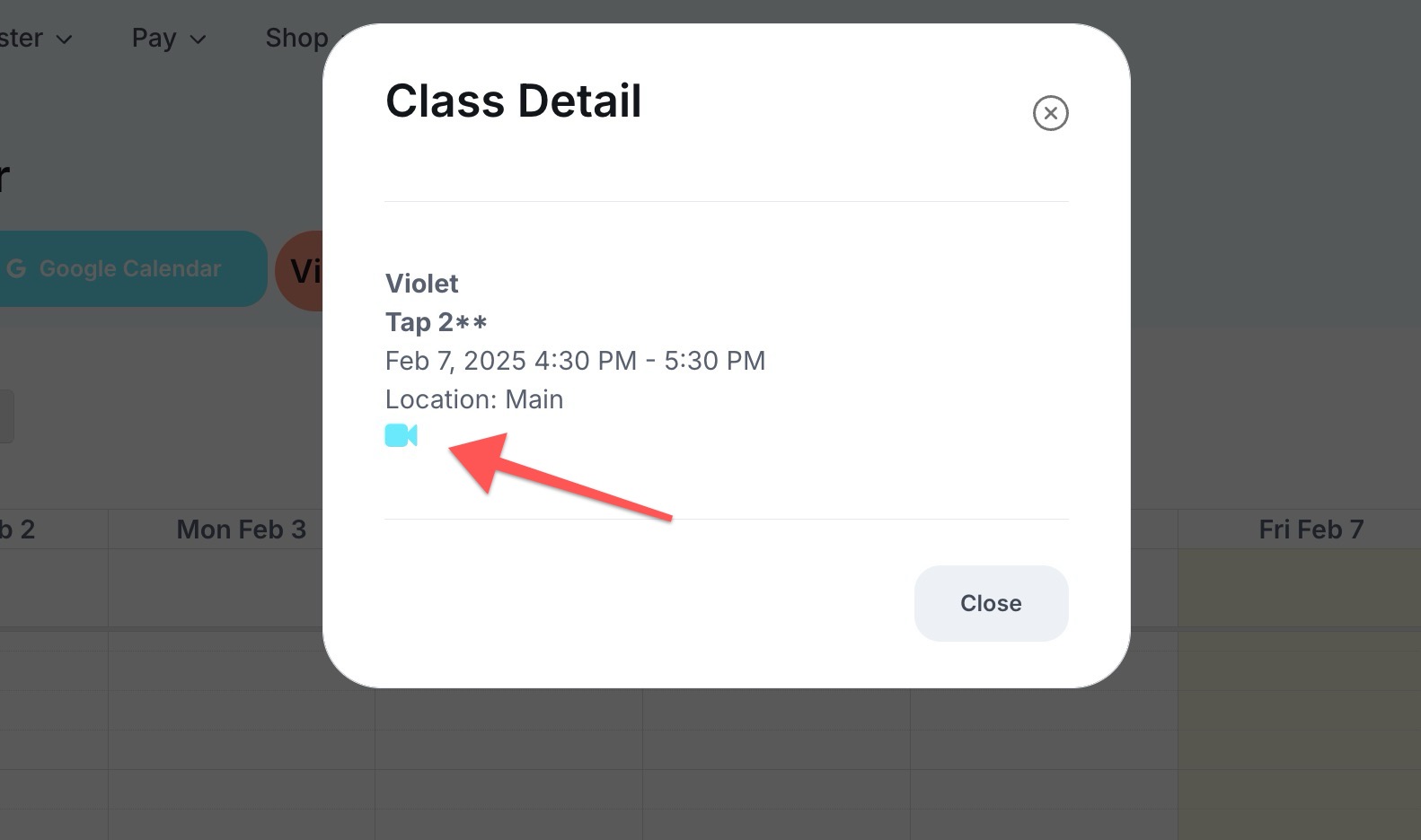Class details with video icon and arrow