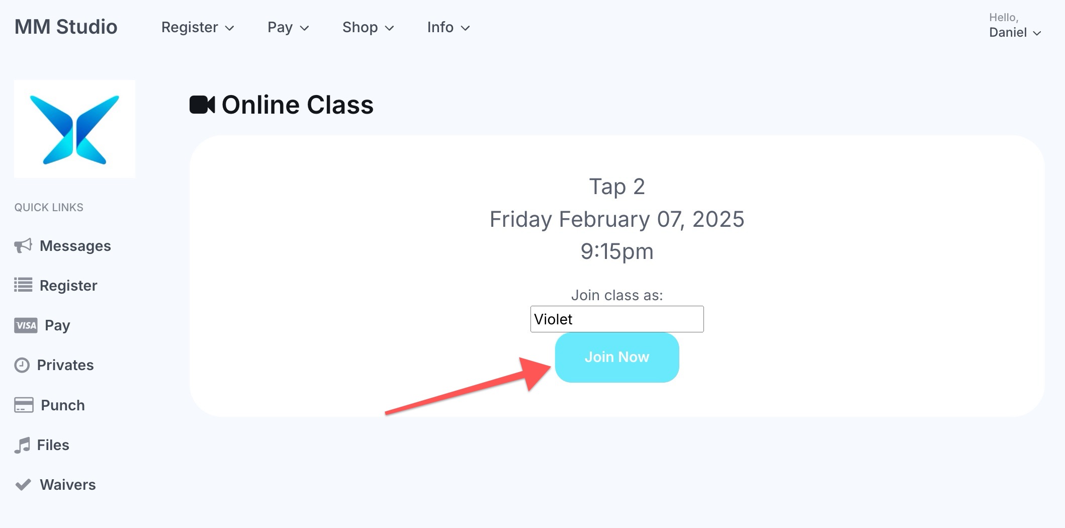 Online class join page with 'Join Now' button.