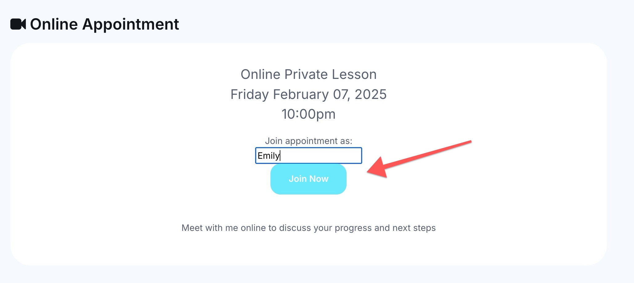 Online lesson appointment details.