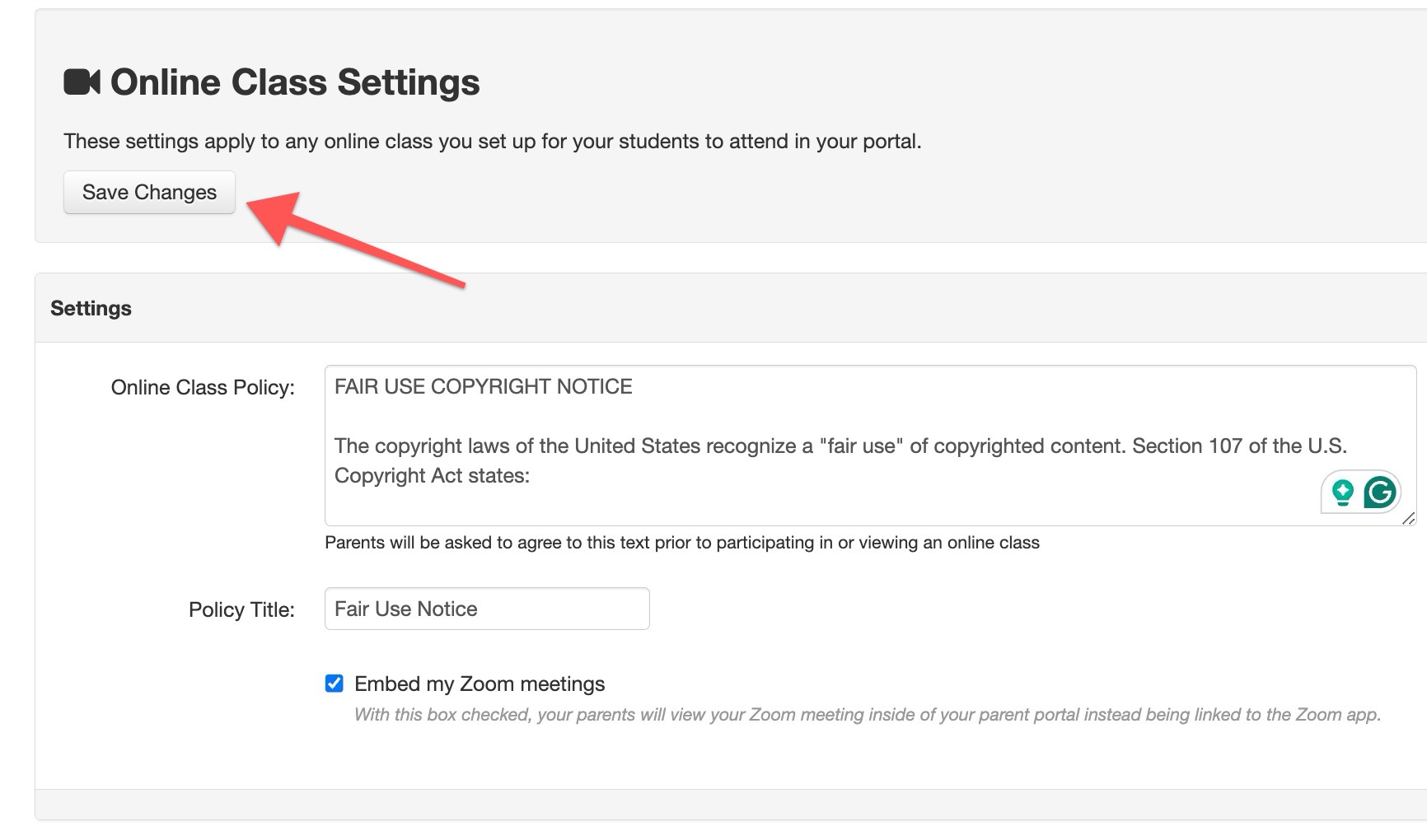 Online class settings page with save button.