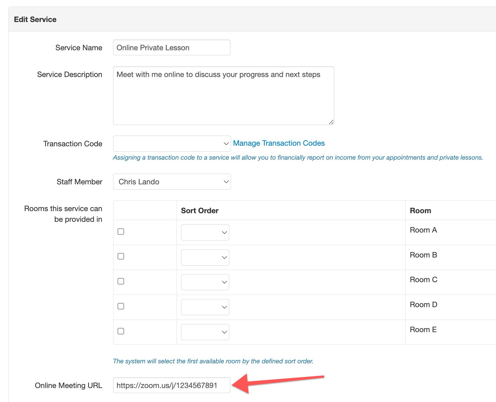Edit Service form with Zoom link