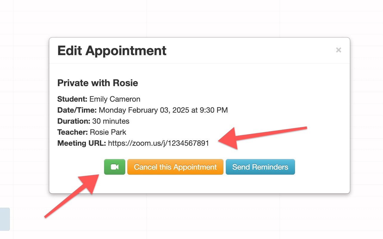 Edit Appointment details with Zoom link.