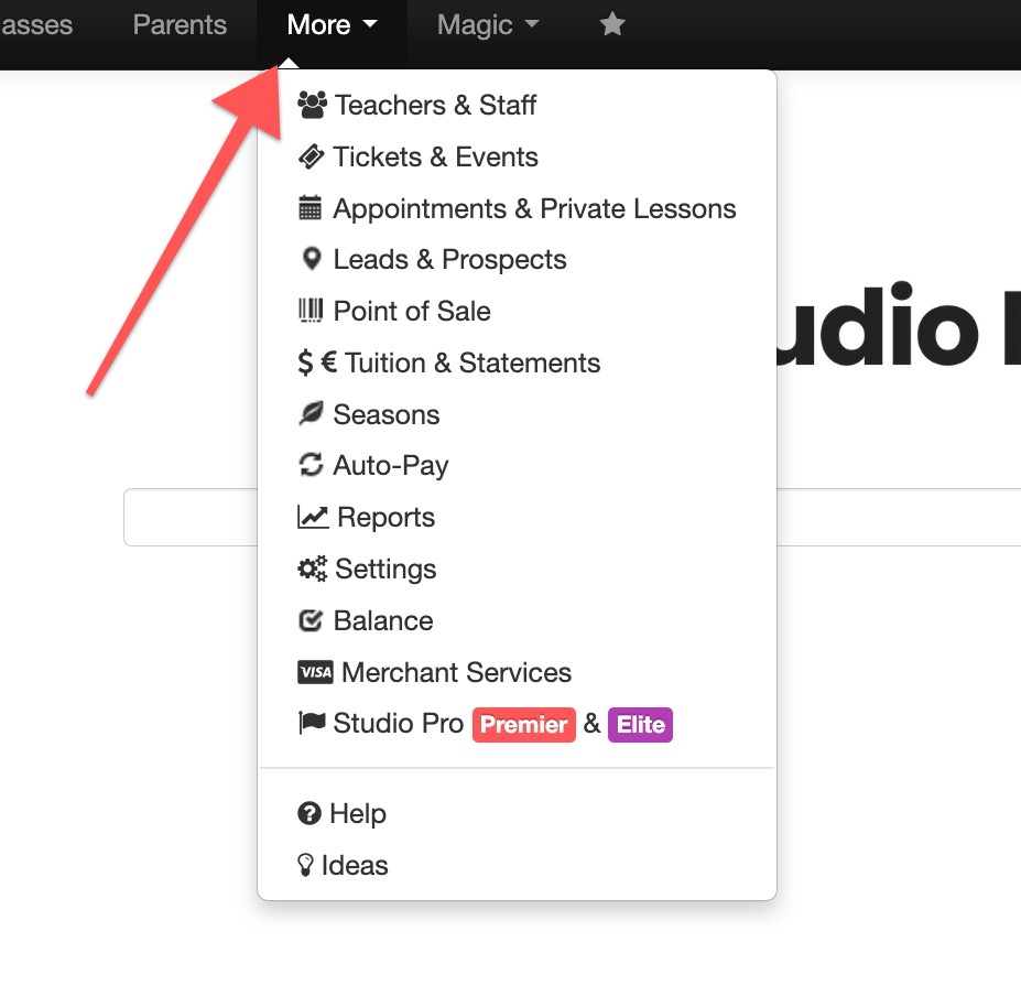 Dropdown menu with various options.