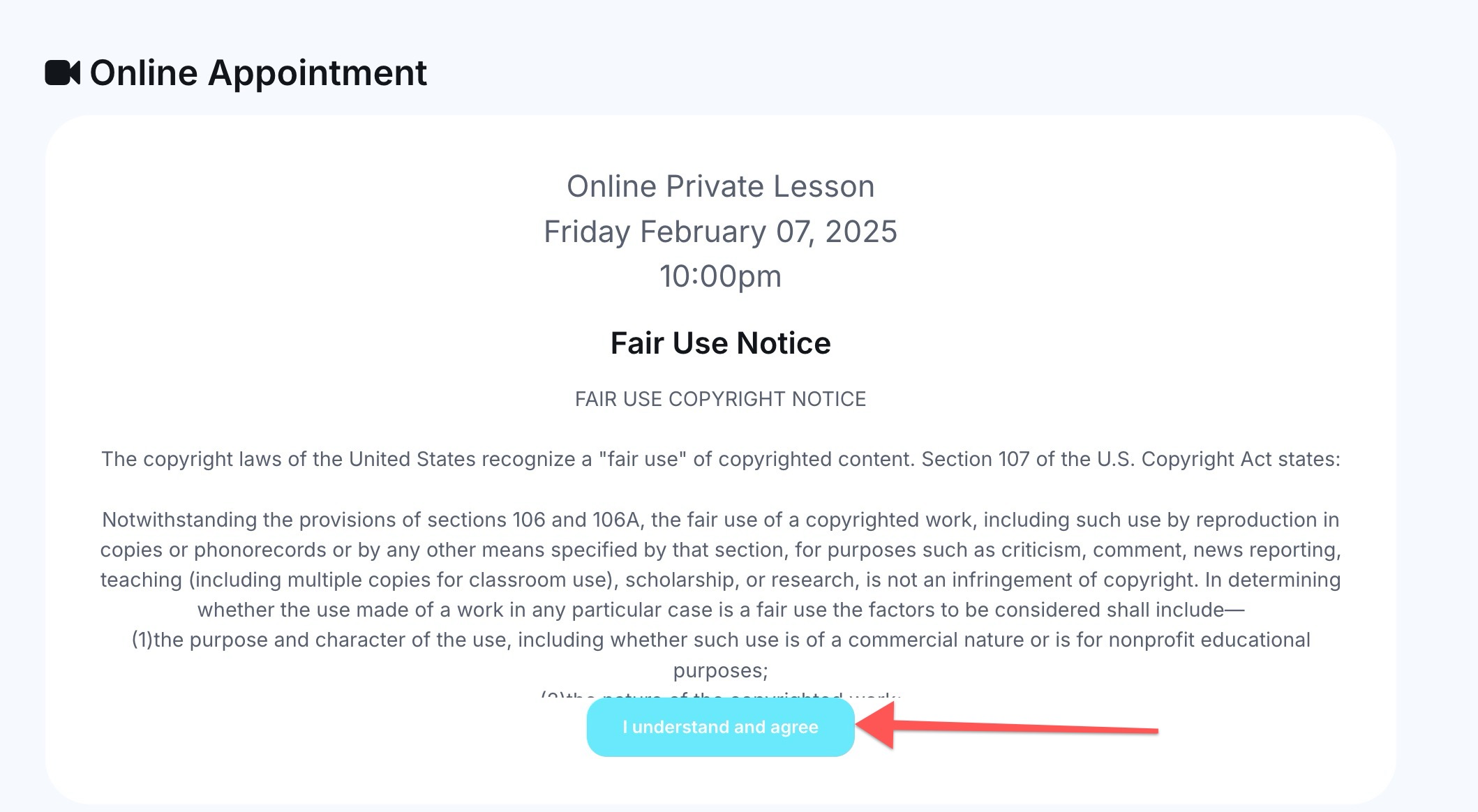 Online appointment with fair use notice.