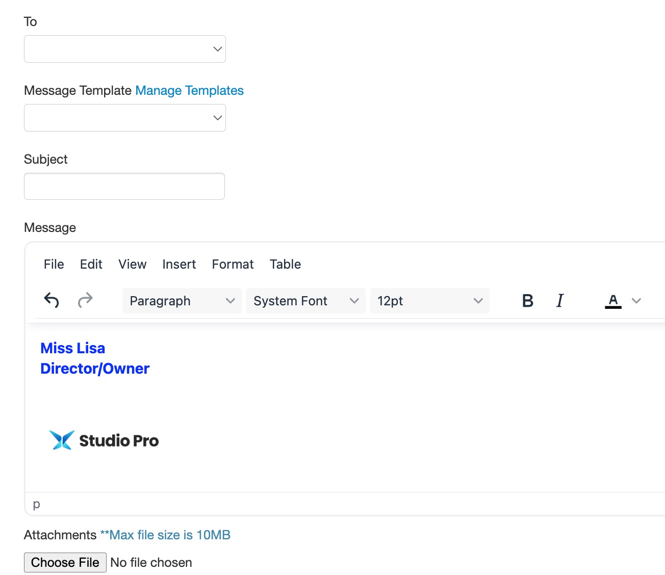 Email draft with Studio Pro logo