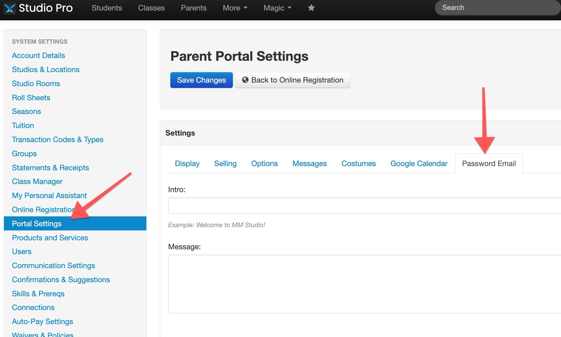 Parent Portal Settings page interface.