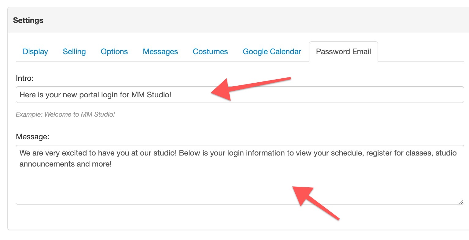 Settings page with intro and message fields.