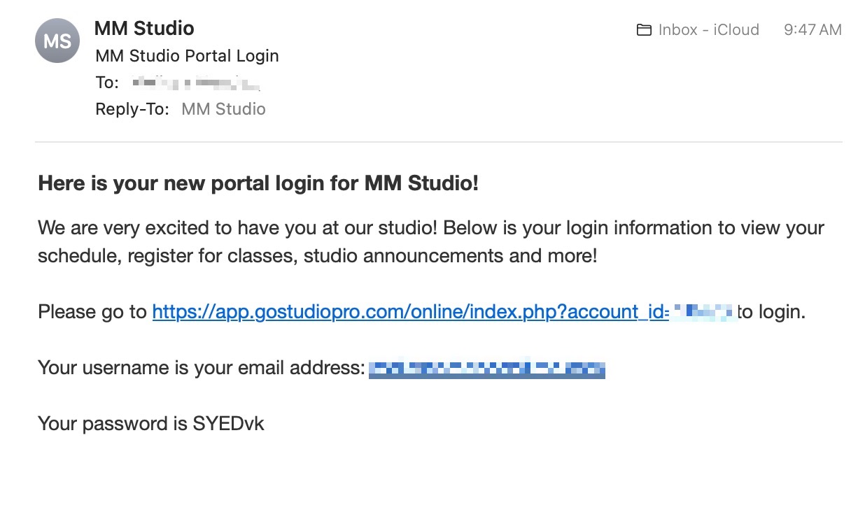 Email with login details for MM Studio.
