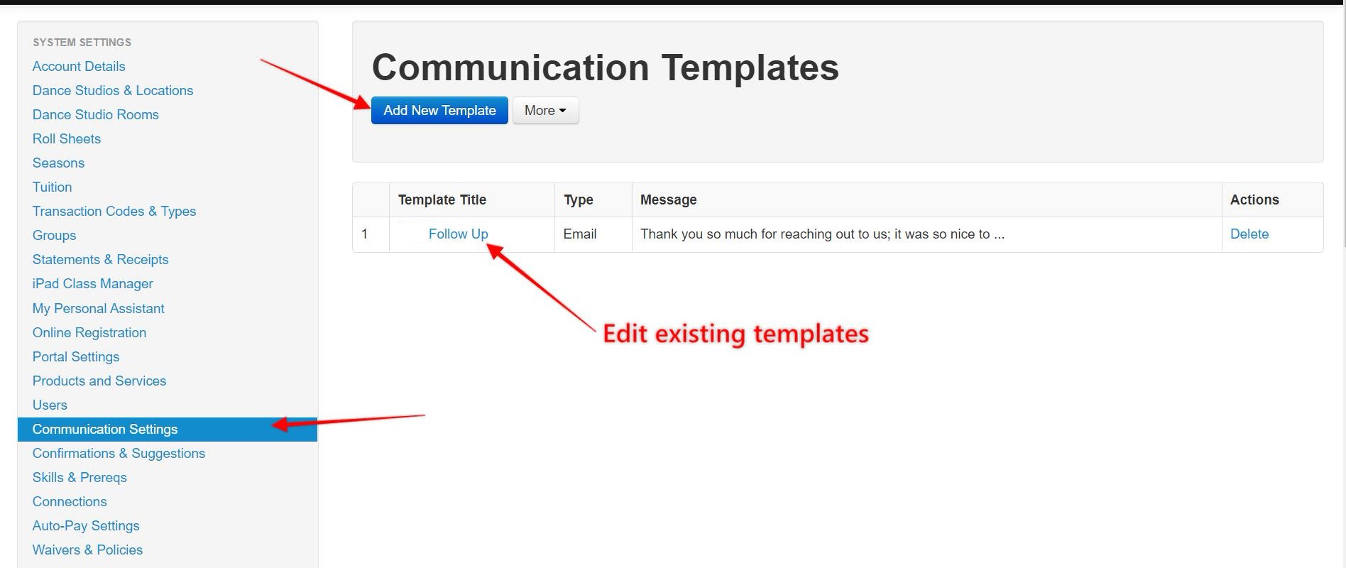 Communication templates settings page