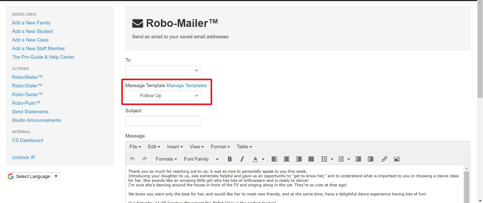 Email template selection interface.