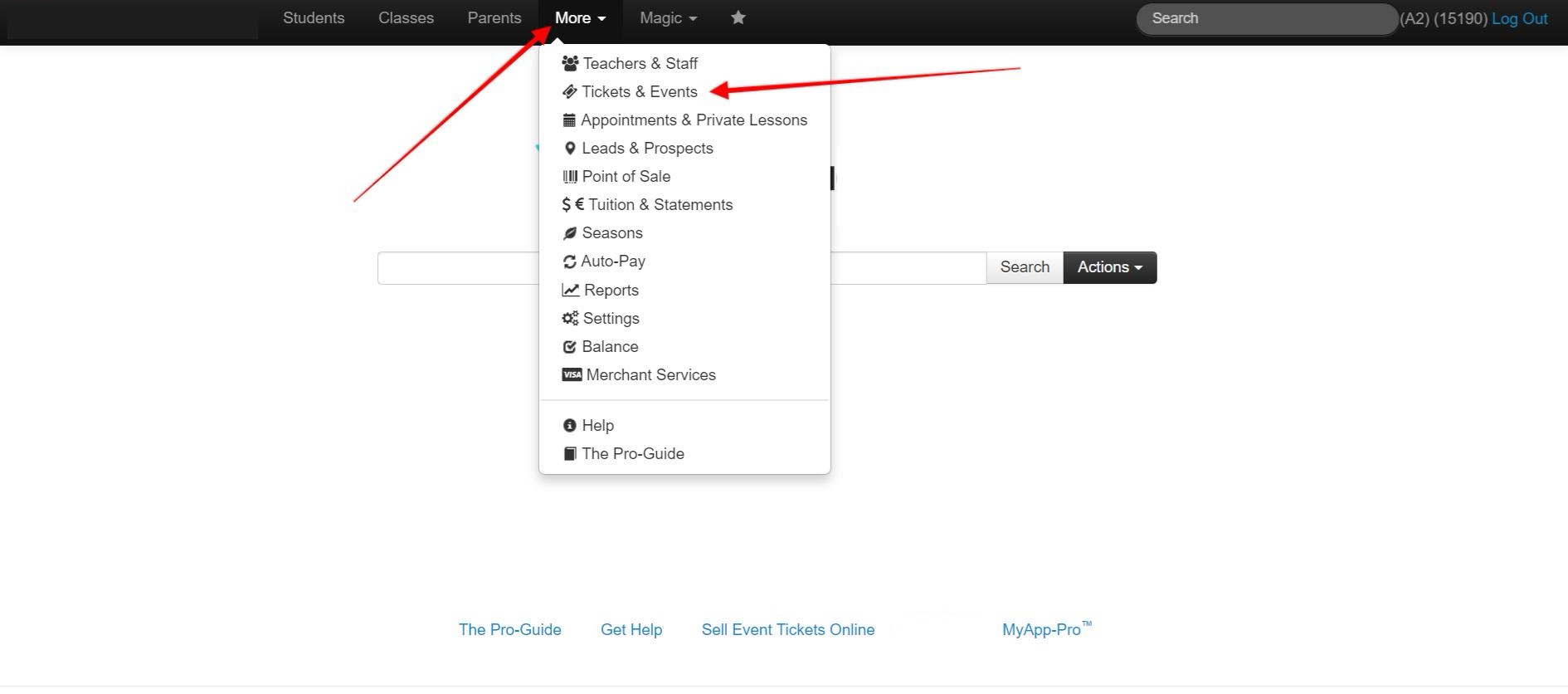 Dropdown menu with various options.