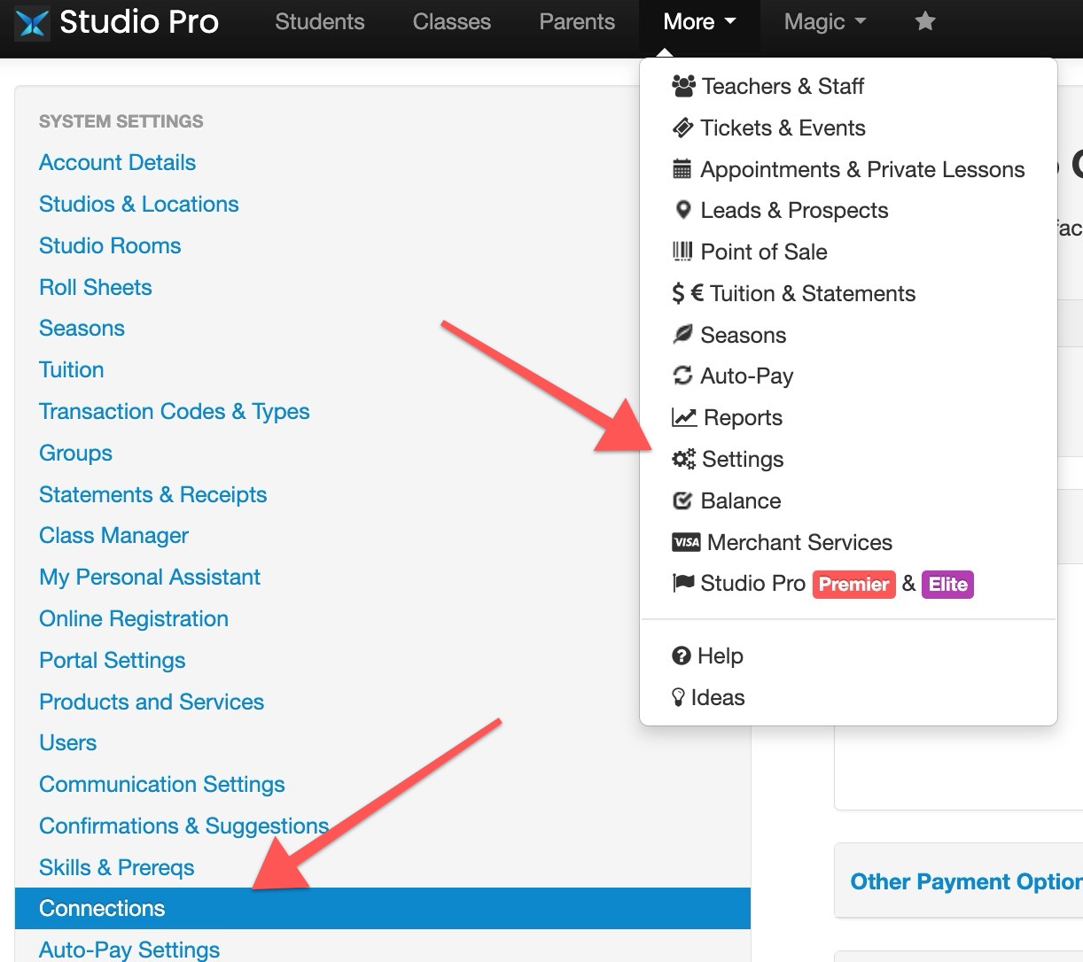 Menu with settings and connections highlighted.