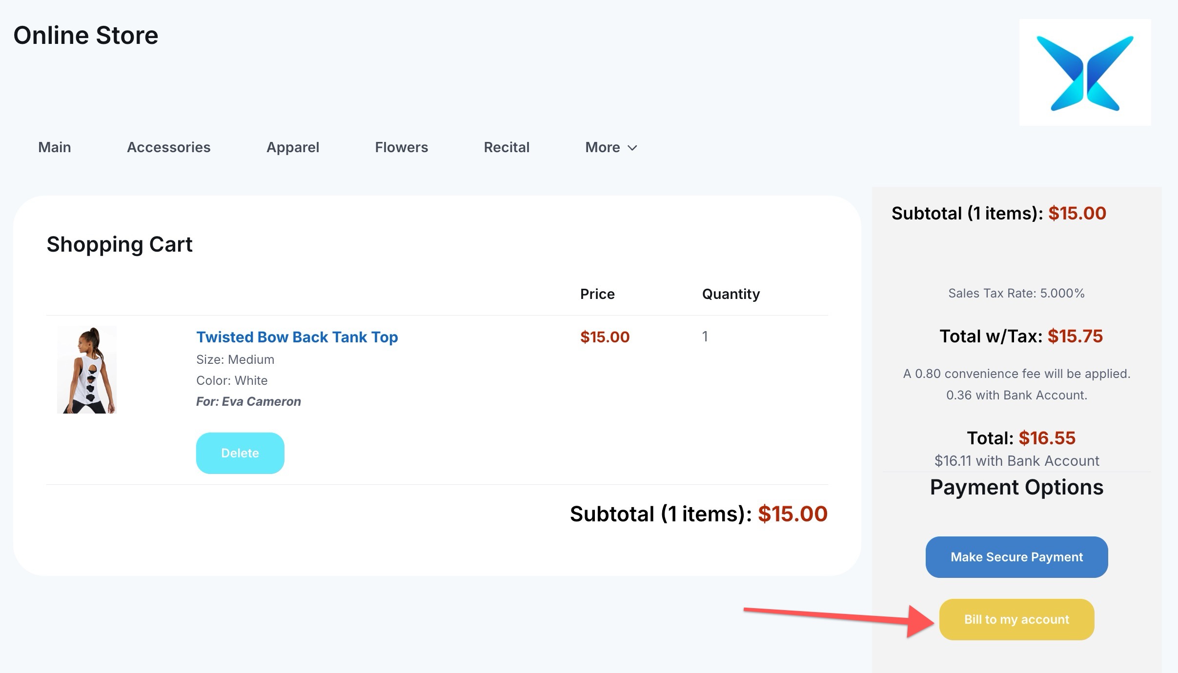 Shopping cart with tank top and payment options.