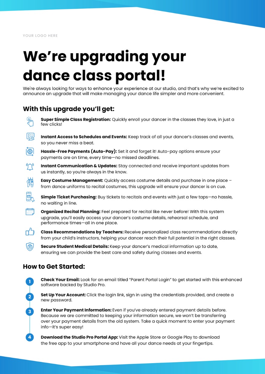 Upgrade announcement for dance class portal.
