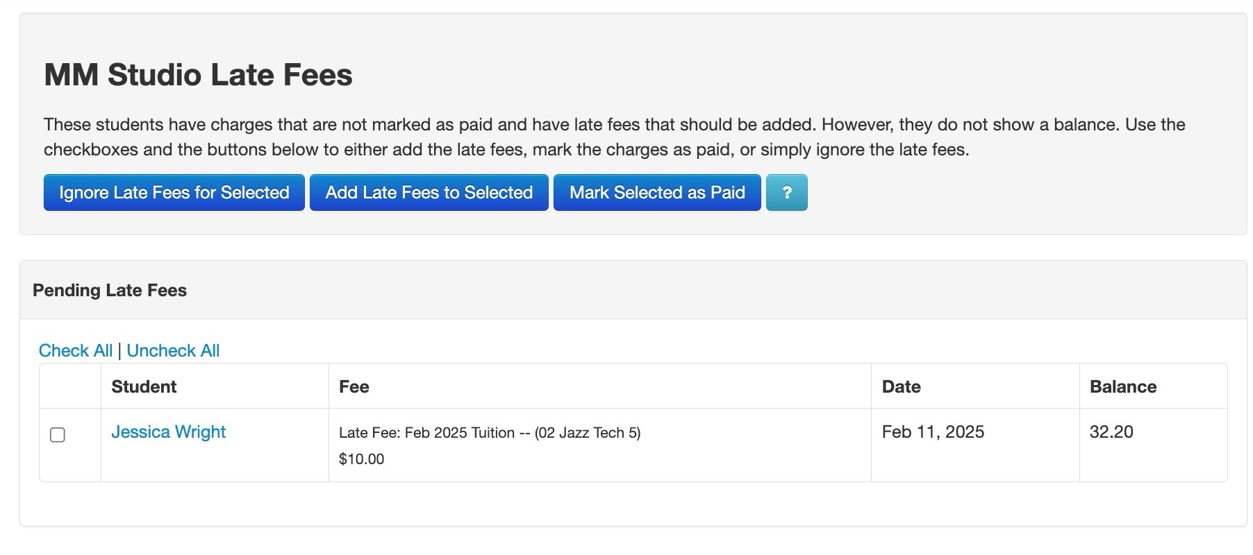 Pending late fees for Jessica Wright.
