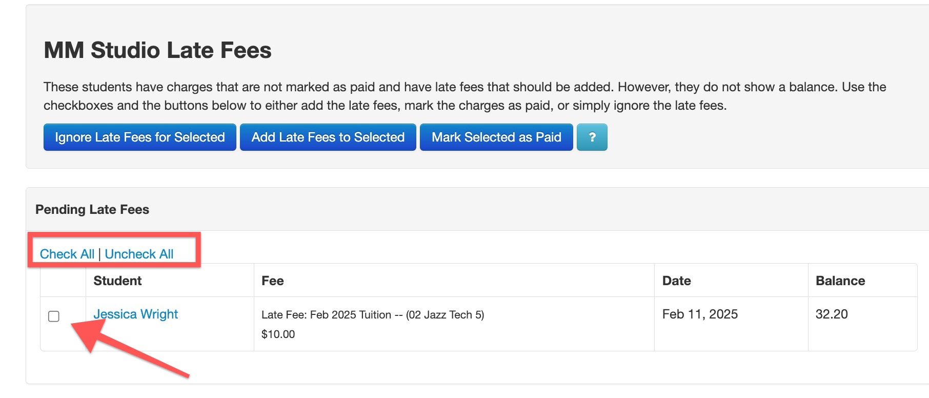 Pending late fees list with options.