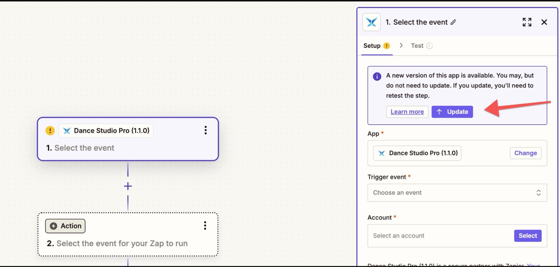Workflow setup with update notification.