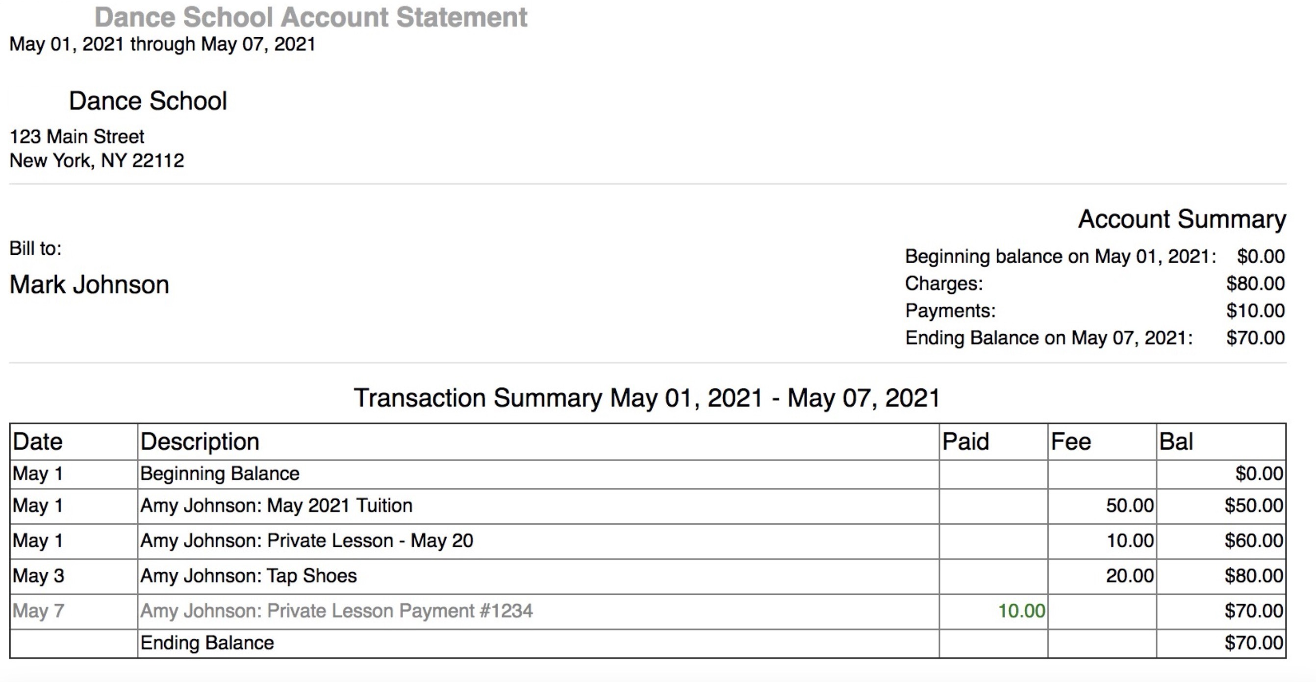 Dance school account statement summary.