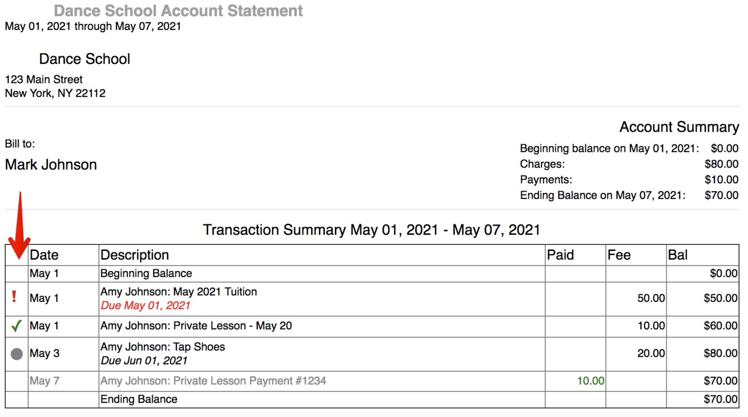 Dance school account statement summary.