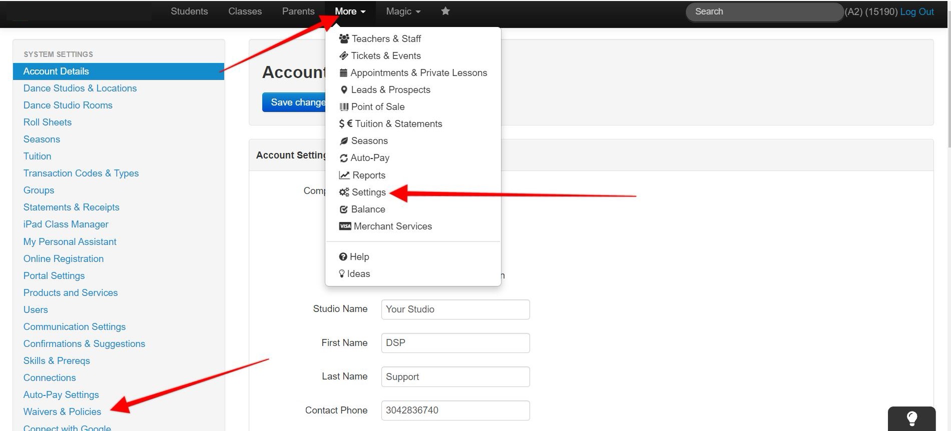 Screenshot of the Account Details page. Red arrows point to Waivers and Policies in the left-hand navigation bar, then to More in the top navigation bar, then to Settings in the dropdown menu.