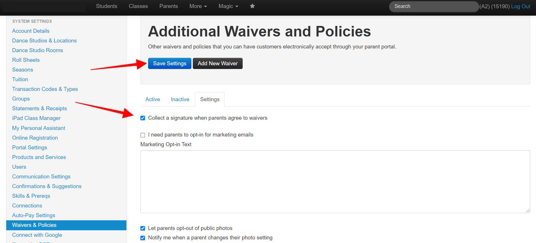 Screenshot of the Settings page for Waivers and Policies. Red arrows point to the Collect a signature when parents agree to waivers checkbox, then to the Save Changes button.