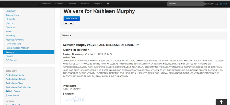 Screenshot of the Waivers page of a Parent Summary.
